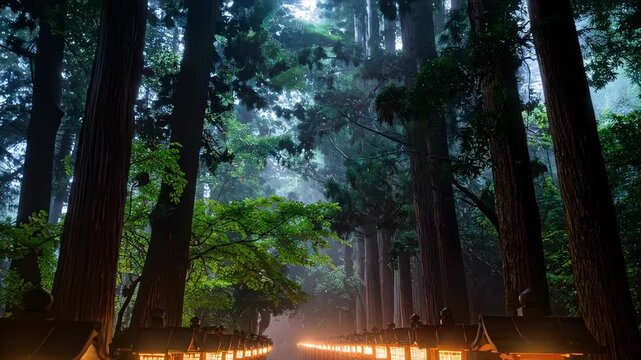 灯籠の灯りと石畳の参道 ローアングル 低空撮影