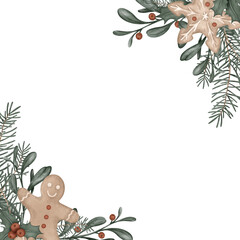Fototapeta premium Square frame watercolor illustration with pine branches, fir tree. Postcard for holly and red berries and sweet cookie gingerbread. Hand drawn new year illustration .