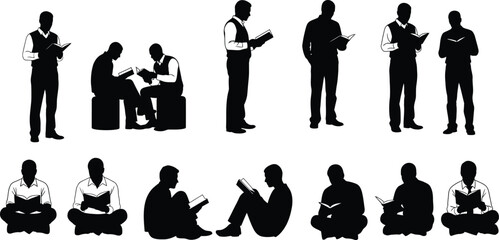 Black silhouette vector illustration showing seven people standing side by side while reading books, symbolizing education, literacy, continuous learning, and the sharing of knowledge in a modern, min