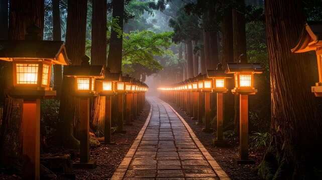 灯籠が並ぶ神秘的な森の参道 カメラ前進 4K