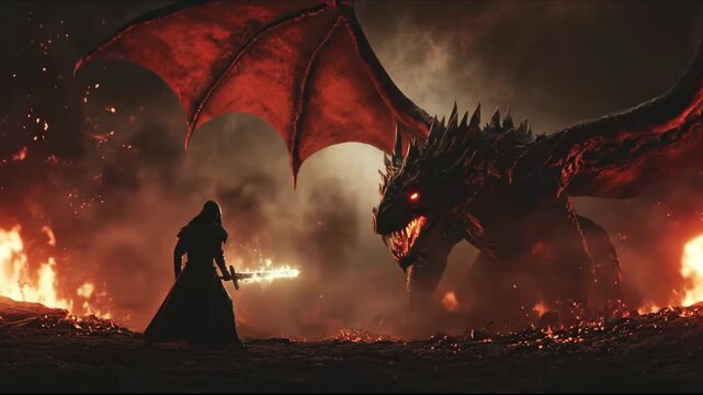 Woman warrior with glowing sword fighting a fiery dragon among flames. Fantasy battle sequence for tales of good versus evil.