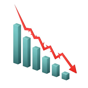 Bar chart with a red arrow indicating a downward trend, isolated on a transparent background, representing decline and negative performance