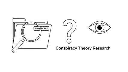 Line art illustration of top secret folders with magnifying glass, central question mark and eye - conspiracy theory research concept