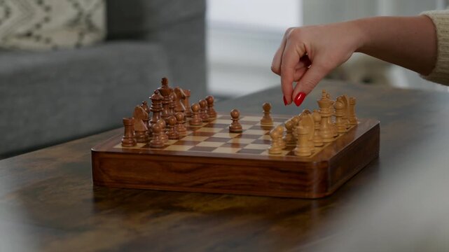 A person is playing chess in a cozy living room. The player is focused on the board while choosing a piece to move during the afternoon hours.