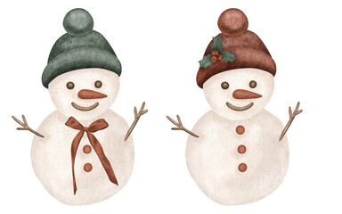 Set of snowmans in the green and red hat with branches with red berries and bow. Often used for New year design. Hand drawn illustration on isolated background.