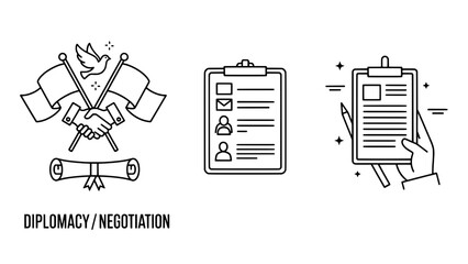 Diplomacy and negotiation icons: handshake with flags, clipboard checklists, and document signing (vector line art)