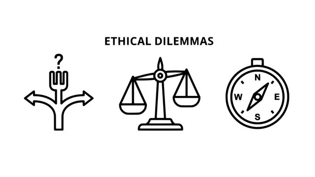 Ethical Dilemmas: fork at a crossroads, scales of justice, and compass in minimalist line art