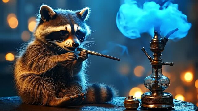 A raccoon smoking a hookah pipe on a table