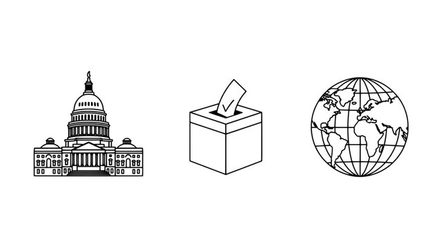 Capitol building, ballot box and globe icons &mdash; outline vector illustration representing democracy and global voting