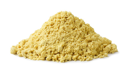 Pile of ground mustard close-up on a white background. Isolated
