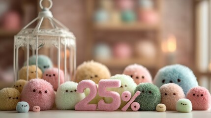 Kawaii plush toy sits on  wooden table beside Sale sign