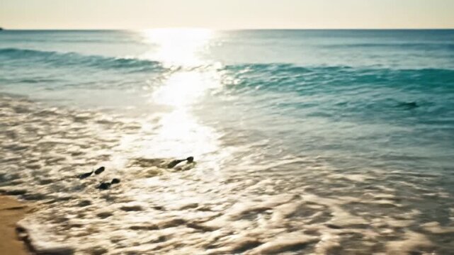 A captivating wide shot showcases a group of determined sea turtle hatchlings embarking on their incredible journey from the golden sandy beach towards the shimmering ocean waves. The tiny creatures n