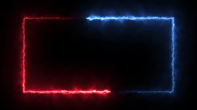 Energetic Neon Rectangle Frame Pulsating with Blue and Red Light Against Dark Background. 