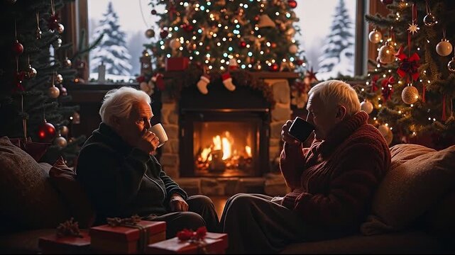 A couple sitting on a couch in front of a fireplace with a Christmas tree