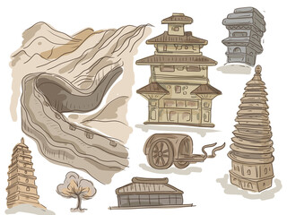 China architecture historical buildings Great Wall of China pagoda monuments culture traditions hand drawn sketch doodle