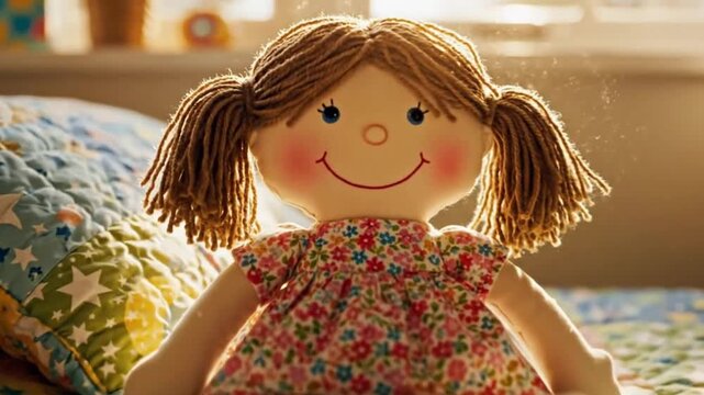 A charming, handcrafted rag doll sits serenely on a vibrant, patchwork quilt, bathed in the soft, golden glow of sunlight streaming through a window. Delicate dust motes dance gracefully in the illumi