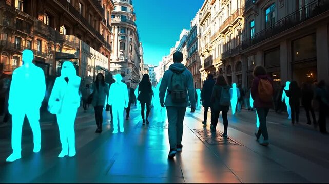 A group of people walking down a city street at night
