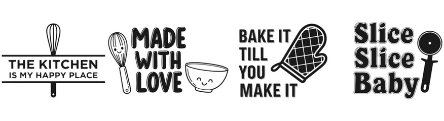 Culinary Collection: Text and Icons: A delightful assortment of kitchen-themed text and icons celebrates the joy of cooking, embracing the warm embrace of culinary creativity.
