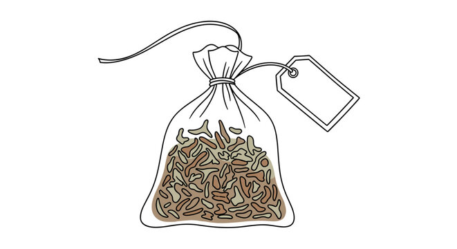 Loose tea sachet illustration isolated on a white background with detailed tag and string design