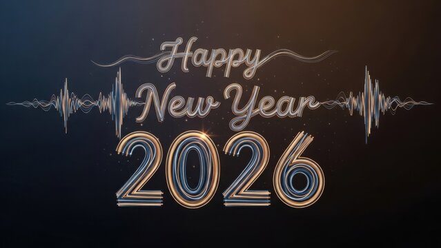 Cinematic "Happy New Year 2026" text graphic with 3D metallic golden numbers and waveform - Powered by Adobe