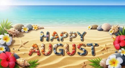 Happy august greeting card with tropical beach background and summer decoration