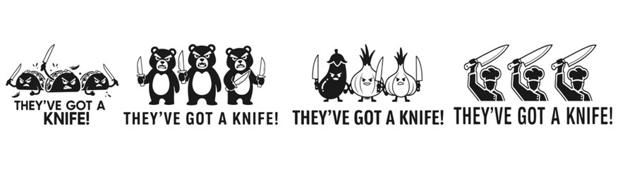 They've Got a Knife! Illustration: A playful black and white cartoon illustration of vegetables with knives, depicting a humorous and slightly absurd scene.