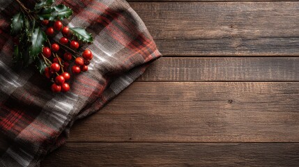 Linen cloth folded on a dark rustic wooden table