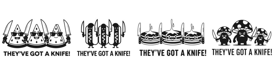 Playful Warning: A comical illustration of animated food items armed with knives, showcasing a humorous, lighthearted message. The scene is presented in a straightforward black and white palette.