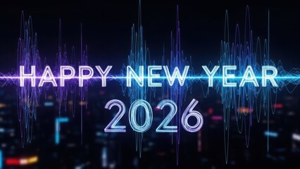 Futuristic 'Happy New Year 2026' Greeting with Neon Equalizer Audio Wave and Dark City Background