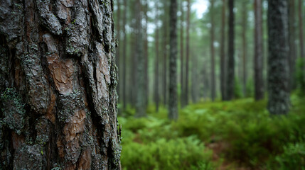Fototapeta premium Close-up of Pine Tree Bark in a Forest with Green Undergrowth