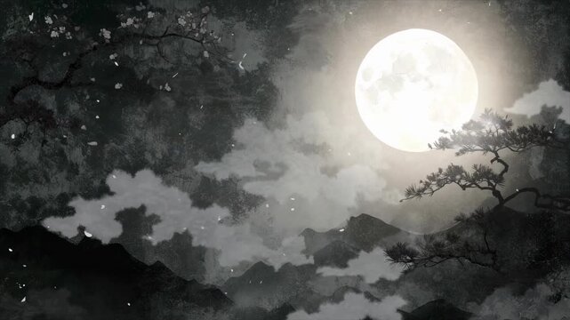 満月と松が彩る和風水墨の山景 左パンニング