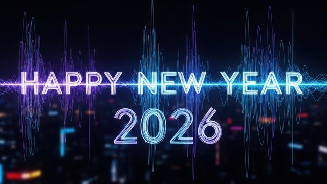 Futuristic 'Happy New Year 2026' Greeting with Neon Equalizer Audio Wave and Dark City Background - Powered by Adobe