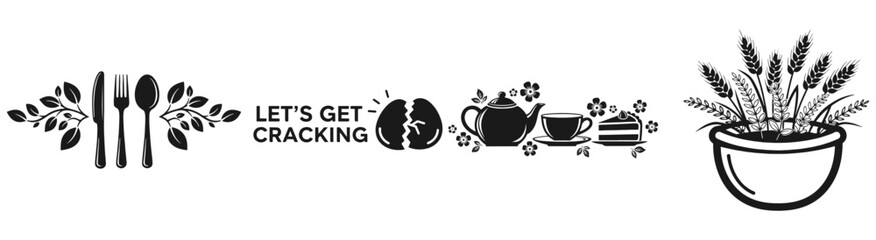 Kitchen and Table: A detailed drawing of kitchen utensil and food and plant decorated in simple form, ideal for designs related to cooking, dining, or culinary activities