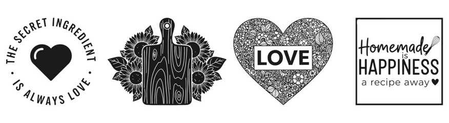 Culinary Symbols of Heart & Happiness: A charming collection of culinary-themed emblems, encompassing a heart, a wooden cutting board, a textured heart.
