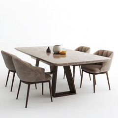 Modern Dining Room Setup with Marble Table and Upholstered Chairs, Minimalist Decor
