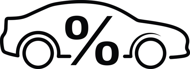 Side view outline of sedan car with percentage symbol for auto loan, insurance rate, and vehicle tax, cad drawing flat vector illustration