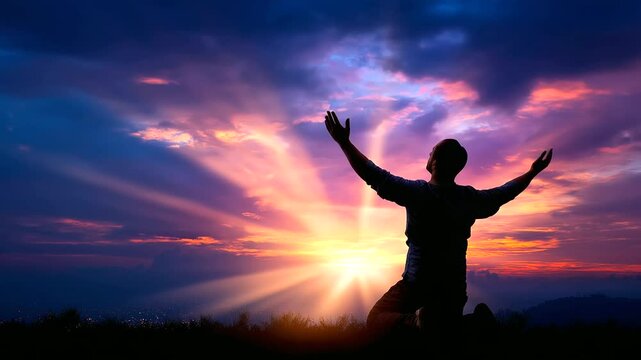 Silhouette of faceless person kneeling in prayer position with arms raised toward illuminated sky, spiritual devotion moment, defocused divine light rays, contemplative worship sce