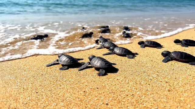 A compelling wide shot showcases numerous tiny, newly hatched sea turtles instinctively crawling across a pristine golden sandy beach towards the vast blue ocean. The vibrant blue water and soft white