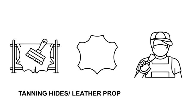 Three black outline icons showing tanning hides, a piece of leather, and a leather craftsman with tools on a white background