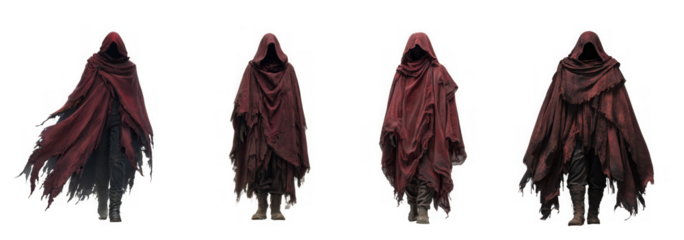 Four figures cloaked in red robes with detailed fabric texture presented on transparent background high quality