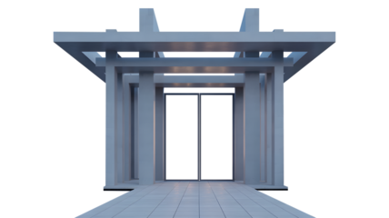 Minimalist white building entrance with glass doors and water feature