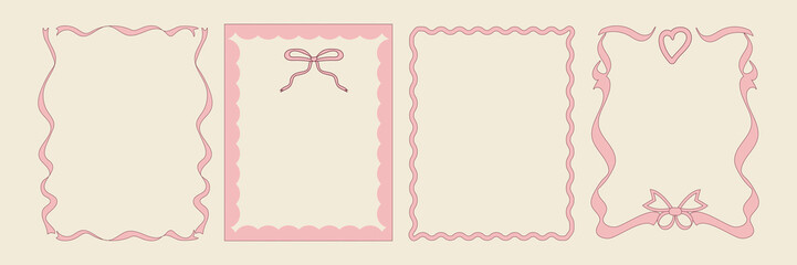 A set of vintage hand drawn Valentine's Day card frames. Elegant frames with ribbons, whimsical lines, and bows. Vector illustration.