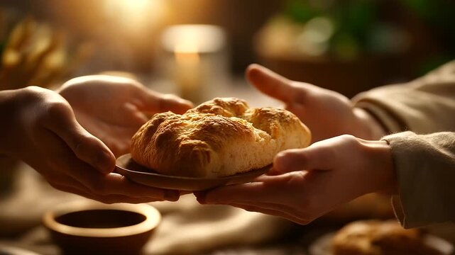Faceless hands breaking bread in communion gesture, sacred meal symbolism, warm intimate lighting, defocused table setting, spiritual sharing moment, with copy space
