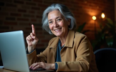 Middle age woman with grey hair working using computer laptop late at night showing and pointing up with fingers number nine while smiling confident and happy. High quality