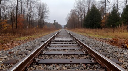 Fototapeta premium Solitary train path disappearing into rural autumn landscape beneath overcast skies