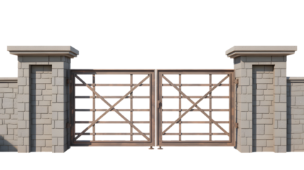 Wooden gate with stone pillars and brick wall background