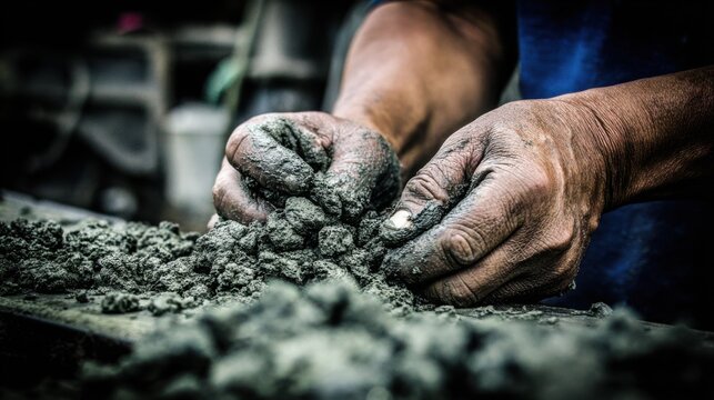 Medium shot of hands mixing a hard rubber compound on a workbench showcasing the dense texture used for durable retread tires.