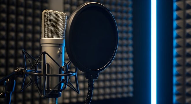 Professional recording studio microphone setup with pop filter in a soundproof booth illuminated by blue light