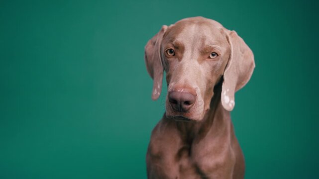 Adorable purebred weimaraner dog with beautiful eyes looking around curiously. Portrait of an elegant hound posing in front of a green background