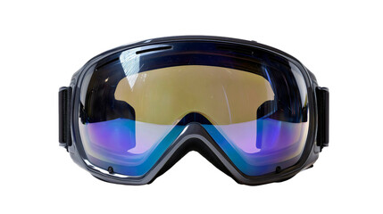 Ski goggles with blue and yellow lens isolated on white background, winter sport mask, snowboarding equipment, colorful eyewear cutout.